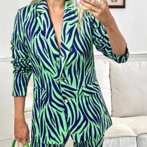 Liquorish Neon Green and Dark Purple Zebra Print Lined Blazer